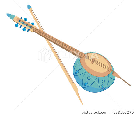 The kamancheh is an Iranian string instrument used in Persian, Azerbaijani, and Kurdish music. Wooden version of the oriental lute and bow. Kemanjah for folk music. Vector kabak in flat style. The kamancheh is an Iranian string instrument used in Persian, Azerbaijani, and Kurdish music. Wooden version of the oriental lute and bow. Kemanjah for folk music. Vector kabak in flat style. 138193270