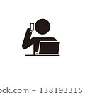 A pictogram icon of a person using a computer while making a phone call on their smartphone. 138193315