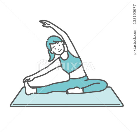 An illustration of a smiling woman sitting and stretching. 138193677