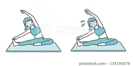 一組對比伸展運動的插圖（一位身體柔韌的女性和一位身體僵硬的女性）。 138193679