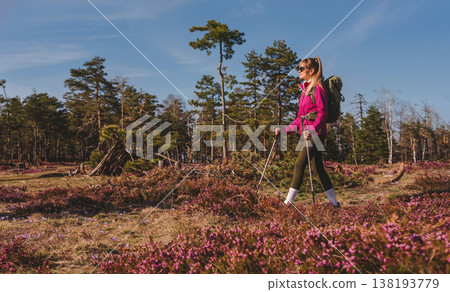 Active Woman Hiking Through Blooming Heather 138193779