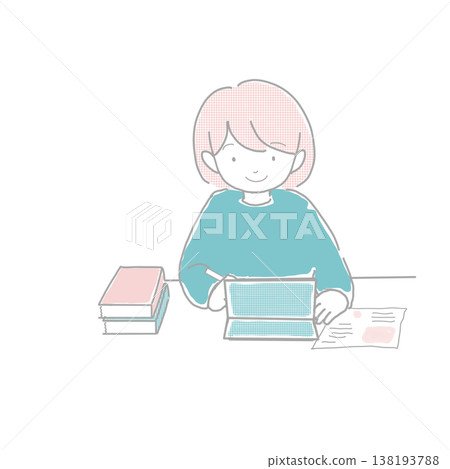一幅女孩使用平板電腦學習或做作業的插圖。 138193788