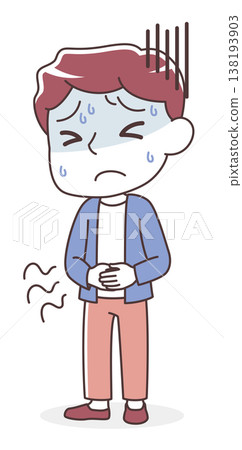 插圖描繪了一名男子遭受胃痛和腸胃問題(食物中毒、壓力、便秘、腹瀉)的症狀。 插圖描繪了一名男子遭受胃痛和腸胃問題(食物中毒、壓力、便秘、腹瀉)的症狀。 138193903