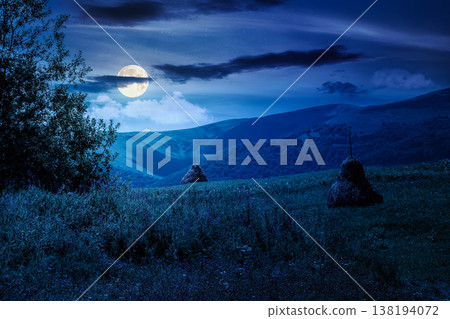 rural landscape with field on hill at night. alpine scenery with traditional haystack in full moon light. mountainous countryside hayfield during summer. backdrop for fiction art or mystery concept 138194072