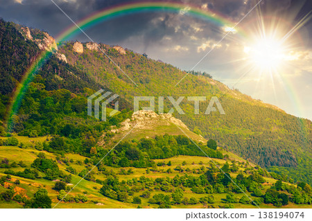 sunset over beautiful countryside. wonderful springtime landscape in mountains. grassy field and rolling hills. rural scenery with steep forested slopes. amazing highland under the rainbow sunset over beautiful countryside. wonderful springtime landscape in mountains. grassy field and rolling hills. rural scenery with steep forested slopes. amazing highland under the rainbow 138194074
