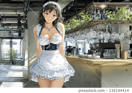 An illustration of a maid cafe employee standing in front of the counter. 138194414