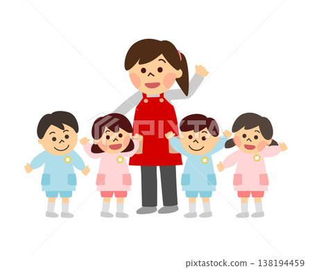 一位幼兒園女教師和一群穿著罩衫的孩子。 一位幼兒園女教師和一群穿著罩衫的孩子。 138194459