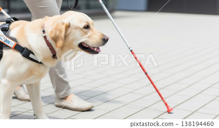 A visually impaired person spending time with their guide dog in a park. A visually impaired person spending time with their guide dog in a park. 138194460