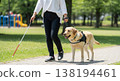 A visually impaired person spending time with their guide dog in a park. A visually impaired person spending time with their guide dog in a park. 138194461