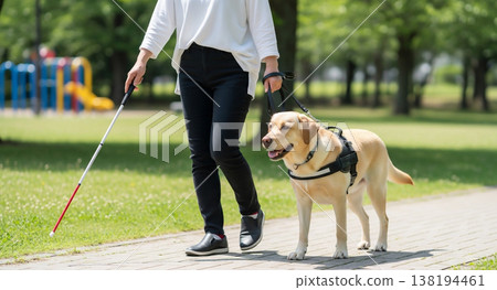A visually impaired person spending time with their guide dog in a park. A visually impaired person spending time with their guide dog in a park. 138194461