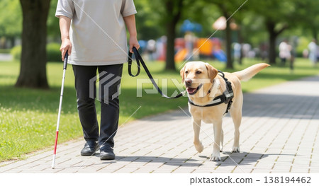 A visually impaired person spending time with their guide dog in a park. A visually impaired person spending time with their guide dog in a park. 138194462