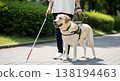 A visually impaired person spending time with their guide dog in a park. A visually impaired person spending time with their guide dog in a park. 138194463