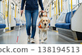 A scene of a guide dog and a visually impaired person commuting on a train. A scene of a guide dog and a visually impaired person commuting on a train. 138194513