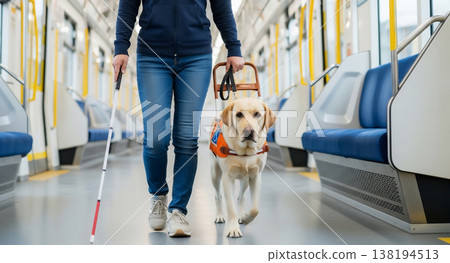 A scene of a guide dog and a visually impaired person commuting on a train. A scene of a guide dog and a visually impaired person commuting on a train. 138194513