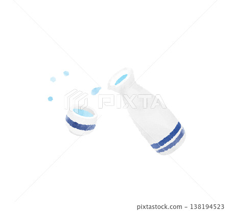 清酒瓶和清酒杯水彩插畫，可愛，風格化，日本清酒，酒，晚間飲品，日本料理，食材 138194523