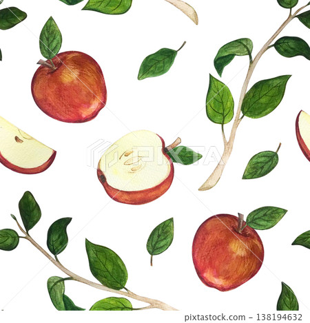 apple with leaf seamless pattern watercolor 138194632