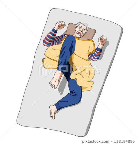 插圖描繪了一位老年男子因快速動眼睡眠行為障礙（路易氏體失智症的症狀之一）而在夜間變得具有攻擊性。 138194896