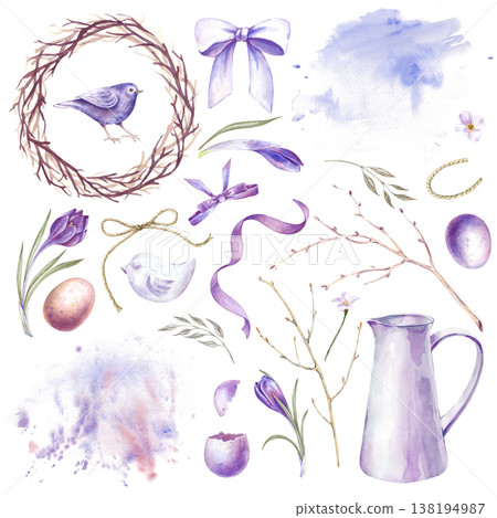 A spring set with branches, crocuses, ribbons, eggs and watercolor spots in purple flowers. Watercolor illustration with festive elements for home decor. Realistic clipart for Easter holiday design A spring set with branches, crocuses, ribbons, eggs and watercolor spots in purple flowers. Watercolor illustration with festive elements for home decor. Realistic clipart for Easter holiday design 138194987