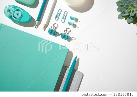 Flat lay of green office stationery and school supplies on a grey cutting mat. Copyspace Flat lay of green office stationery and school supplies on a grey cutting mat. Copyspace 138195013
