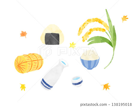 秋收套裝:可愛的水彩插圖,包括飯糰、米捆、飯碗、清酒瓶、稻稈和秋葉。 秋收套裝:可愛的水彩插圖,包括飯糰、米捆、飯碗、清酒瓶、稻稈和秋葉。 138195018