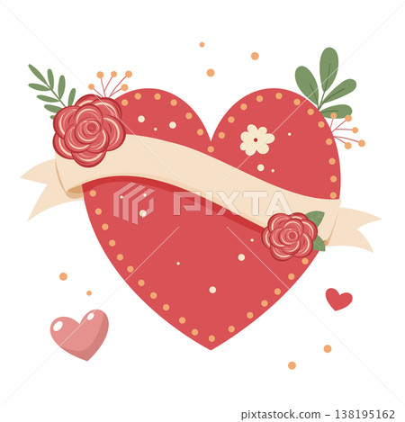 Romantic heart with floral decorations and blank ribbon.love and celebration 138195162