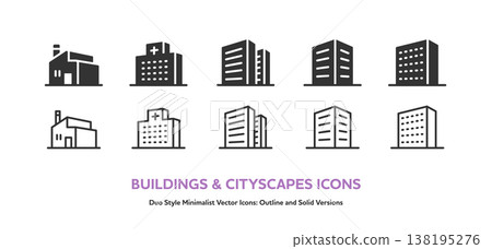 一套各類建築圖示。包含工廠、醫院、辦公大樓、公寓等的簡潔向量圖示。 138195276