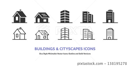 A set of simple vector icons for houses, buildings, apartments, hotels, etc. Includes line art and colored versions. 138195278