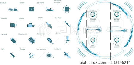 Set of automotive service icons and futuristic car diagnostic display. Technical infographic with HUD elements showing engine, transmission, fuel, and tires. Modern blue flat vector illustration 138196215
