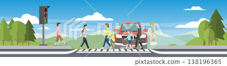 Horizontal or Landscape of pedestrians crossing a street on a zebra crossing with many car stopped at a green traffic light in a flat vector style. Background of trees and mountain under blue sky. Horizontal or Landscape of pedestrians crossing a street on a zebra crossing with many car stopped at a green traffic light in a flat vector style. Background of trees and mountain under blue sky. 138196365
