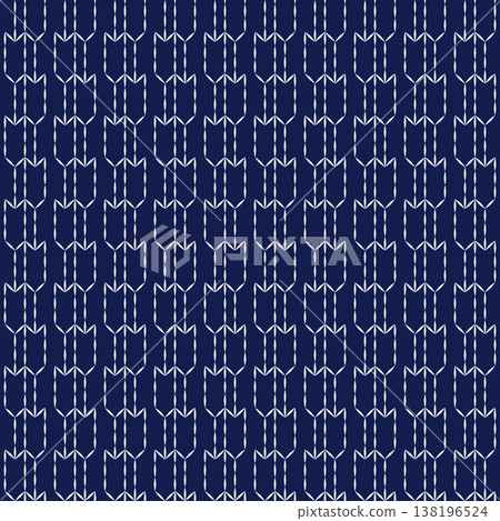 Traditional Japanese Sashiko Embroidery Seamless Vector Pattern, Classic White Yabane Arrow Feather Stitching on Indigo Blue Background, Oriental Textile Texture Traditional Japanese Sashiko Embroidery Seamless Vector Pattern, Classic White Yabane Arrow Feather Stitching on Indigo Blue Background, Oriental Textile Texture 138196524