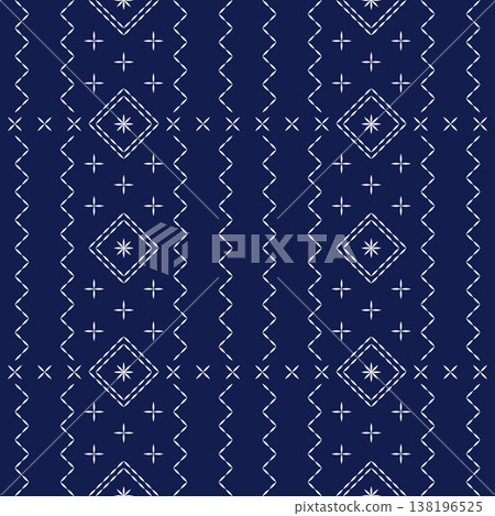 Traditional Japanese Sashiko Embroidery Seamless Vector Pattern, White Geometric Stitching Mix on Indigo Blue Background, Oriental Textile Texture Traditional Japanese Sashiko Embroidery Seamless Vector Pattern, White Geometric Stitching Mix on Indigo Blue Background, Oriental Textile Texture 138196525