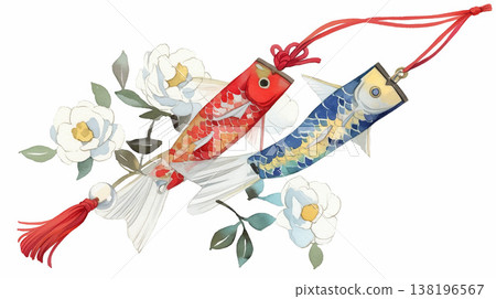 A watercolor illustration of cute red and white carp streamers and white flowers. 138196567