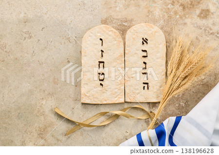 Shavuot holiday with ten commandments tablets, wheat and tallit 138196628