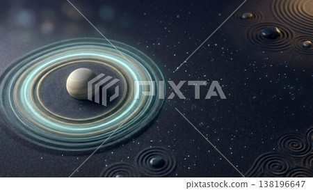 一幅美麗而奇幻的禪宗花園藝術作品，描繪了宇宙，以錯綜複雜的沙畫圖案和土星環為特色（16:9 寬高比）。 138196647