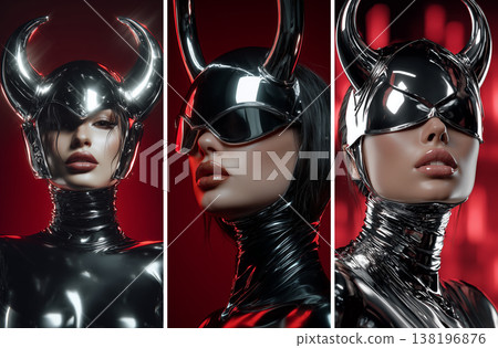 A Futuristic High Fashion Portrait of Woman Wearing Chrome Helmet with Metallic Devil Horns - Generative Ai 138196876
