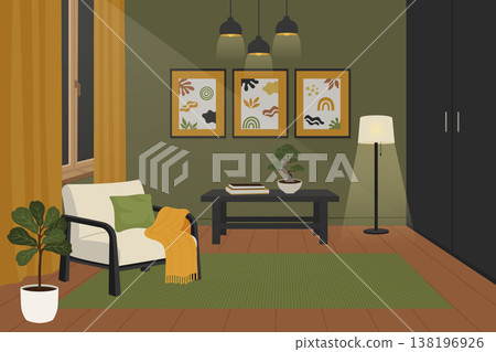Cozy reading nook interior with armchair and floor lamp vector illustration. 138196926