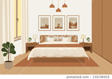 Cozy japandi bedroom with large plant and gallery wall vector illustration. Cozy japandi bedroom with large plant and gallery wall vector illustration. 138196928