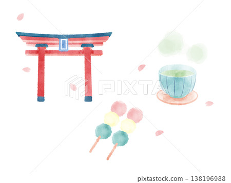 鳥居、三色團子、綠茶、春天、櫻花、漫步、套裝、水彩插畫、可愛、風格化、賞櫻、觀光、材料 138196988