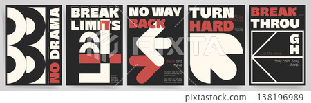 A striking set of bold typographic posters with retro geometric shapes and brutal abstracts in black, red and cream tones. A striking set of bold typographic posters with retro geometric shapes and brutal abstracts in black, red and cream tones. 138196989