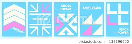 A series of five modern minimalist geometric posters in light blue and pink featuring abstract arrows chevrons crosses triangles and bold dynamic typography with business messages. A series of five modern minimalist geometric posters in light blue and pink featuring abstract arrows chevrons crosses triangles and bold dynamic typography with business messages. 138196990
