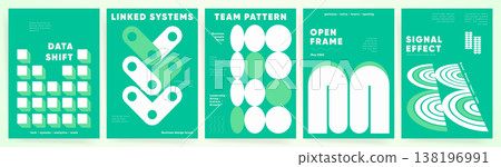 A series of five modern minimalist geometric posters in teal and green featuring abstract shapes grids links circles and bold business typography with strategic messages. A series of five modern minimalist geometric posters in teal and green featuring abstract shapes grids links circles and bold business typography with strategic messages. 138196991