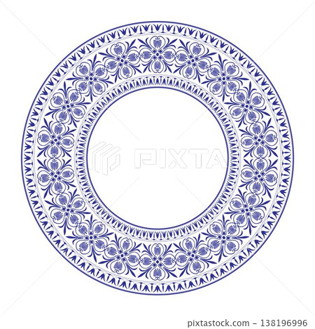 Blue round plate with floral design. Round floral european pattern frame arabesque. Vintage, ethnic frame with greek pattern. Pattern frame for circle surface, textile, embroidery, ceramic, porcelain, 138196996