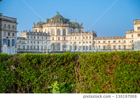 Stupinigi, turin, italy. March 23,2026. Stupinigi royal hunting lodge facade standing against a clear blue sky, a unesco world heritage site near turin 138197008