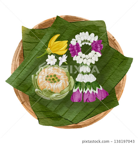Thai Floral Arrangement on Banana Leaf with Garland Traditional Offering Set Thai Floral Arrangement on Banana Leaf with Garland Traditional Offering Set 138197043