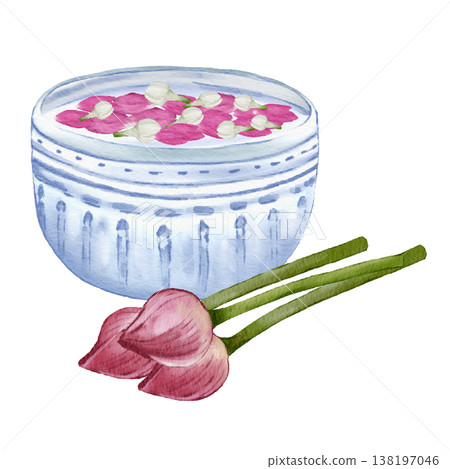 Thai Rose Water Bowl with Lotus Petals and Green Leaves Traditional Arrangement Thai Rose Water Bowl with Lotus Petals and Green Leaves Traditional Arrangement 138197046