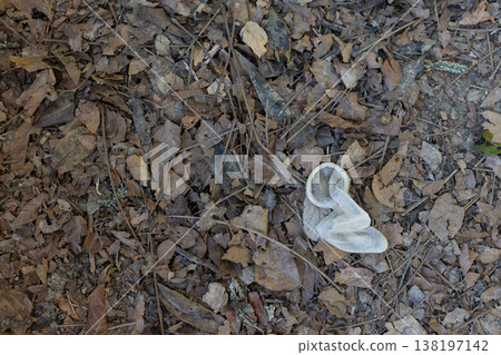 Used condom lying on ground among dry leaves Used condom lying on ground among dry leaves 138197142