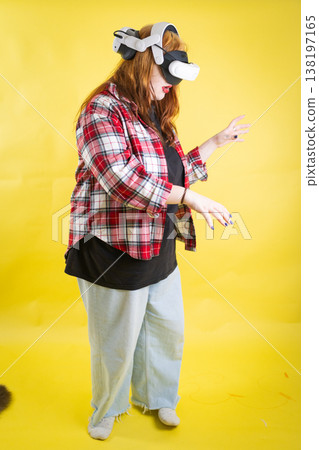 Person exploring metaverse dimensions wearing virtual reality headset 138197165