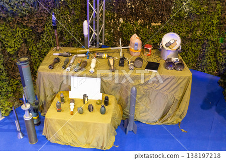 Displaying various military weapons and improvised explosive devices Displaying various military weapons and improvised explosive devices 138197218