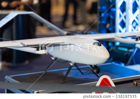 Hybrid evtol drone model displaying advanced aerial technology Hybrid evtol drone model displaying advanced aerial technology 138197335