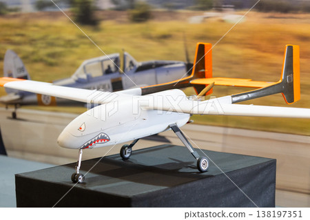 Aerial vehicle drone model with shark teeth design on display Aerial vehicle drone model with shark teeth design on display 138197351